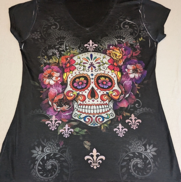 Texas Candy Skull Bling Sweet Gisele Day Of The Dead Sparkle Black Blouse XXL - Picture 6 of 8